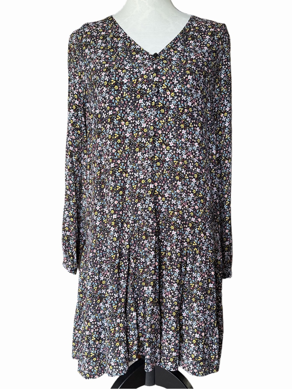 LOFT Floral Button Front Swing Dress | Petite Medium | Boho Long Sleeve